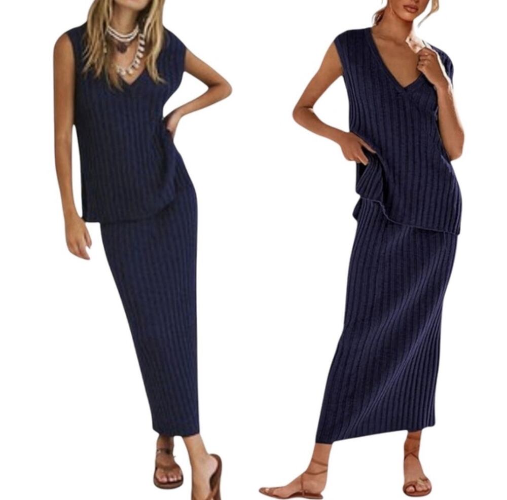 Free People FP Beach Veda Sweater Two Piece Set Size Large Royal Purple Ribbed